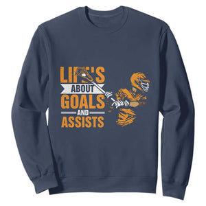 Funny Lacrosse Lax Player Sweatshirt Life's About Goals And Assists TS11 Navy Print Your Wear