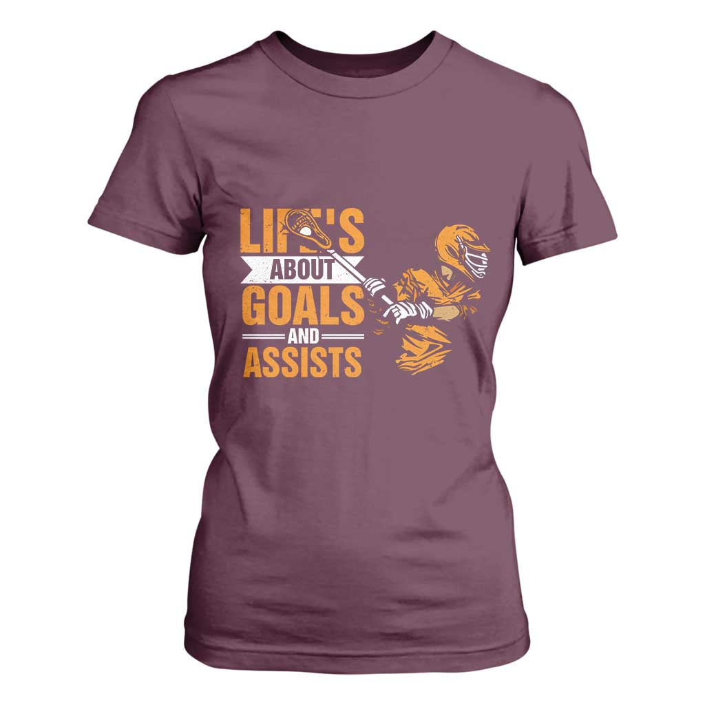 Funny Lacrosse Lax Player T Shirt For Women Life's About Goals And Assists TS11 Maroon Print Your Wear