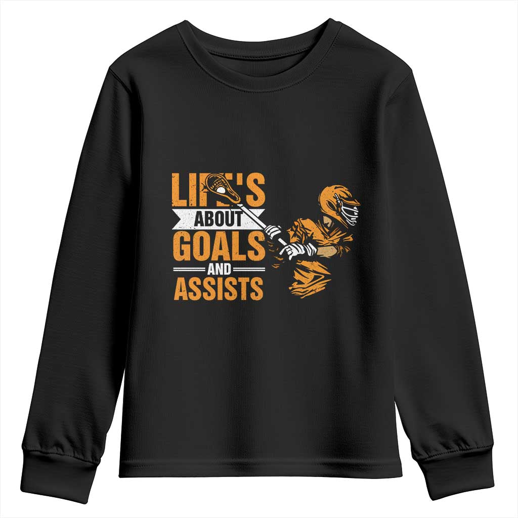 Funny Lacrosse Lax Player Youth Sweatshirt Life's About Goals And Assists TS11 Black Print Your Wear