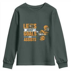 Funny Lacrosse Lax Player Youth Sweatshirt Life's About Goals And Assists TS11 Dark Forest Green Print Your Wear