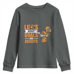 Funny Lacrosse Lax Player Youth Sweatshirt Life's About Goals And Assists TS11 Dark Heather Print Your Wear