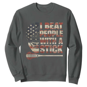 Funny Lacrosse Lax Sweatshirt I Beat People With A Stick Vintage American Flag TS11 Dark Heather Print Your Wear