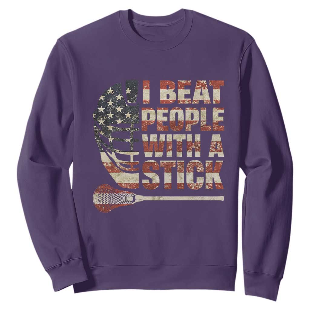 Funny Lacrosse Lax Sweatshirt I Beat People With A Stick Vintage American Flag TS11 Purple Print Your Wear