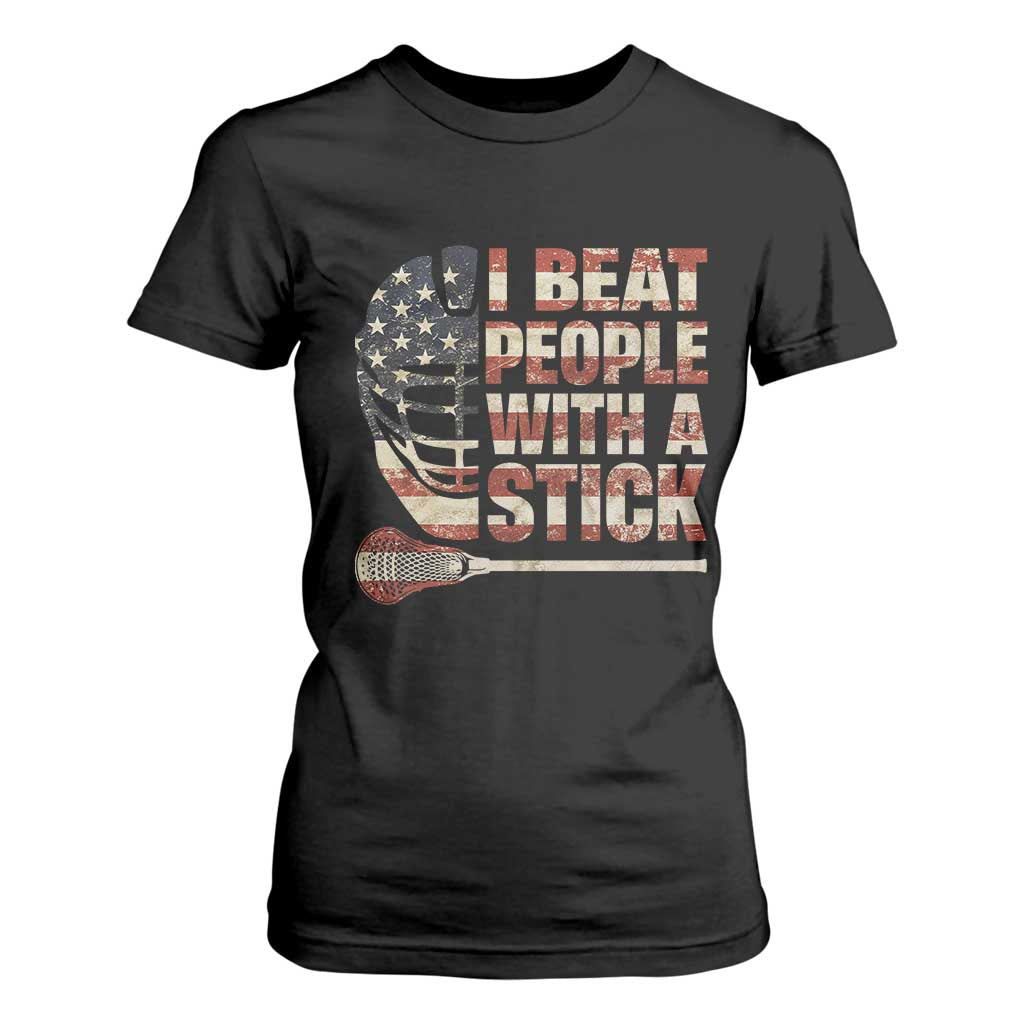 Funny Lacrosse Lax T Shirt For Women I Beat People With A Stick Vintage American Flag TS11 Black Print Your Wear