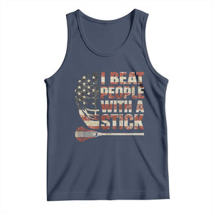 Funny Lacrosse Lax Tank Top I Beat People With A Stick Vintage American Flag TS11 Navy Print Your Wear