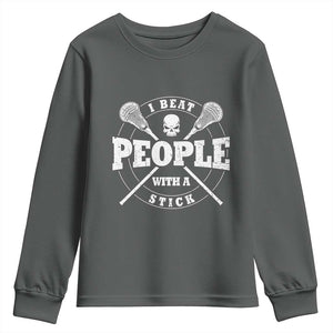 Funny Lacrosse Lax Youth Sweatshirt I Beat People With A Stick Skull TS11 Dark Heather Print Your Wear