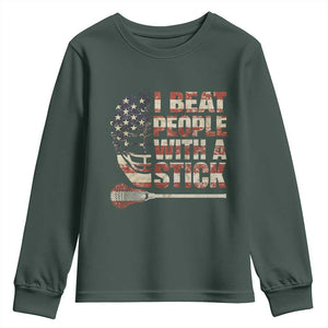 Funny Lacrosse Lax Youth Sweatshirt I Beat People With A Stick Vintage American Flag TS11 Dark Forest Green Print Your Wear