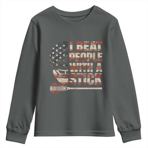 Funny Lacrosse Lax Youth Sweatshirt I Beat People With A Stick Vintage American Flag TS11 Dark Heather Print Your Wear