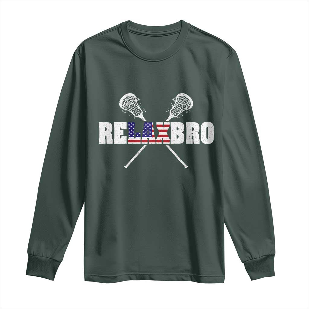 Funny Lacrosse Long Sleeve Shirt American Flag Relax Bro Lax Lover Joke TS10 Dark Forest Green Print Your Wear