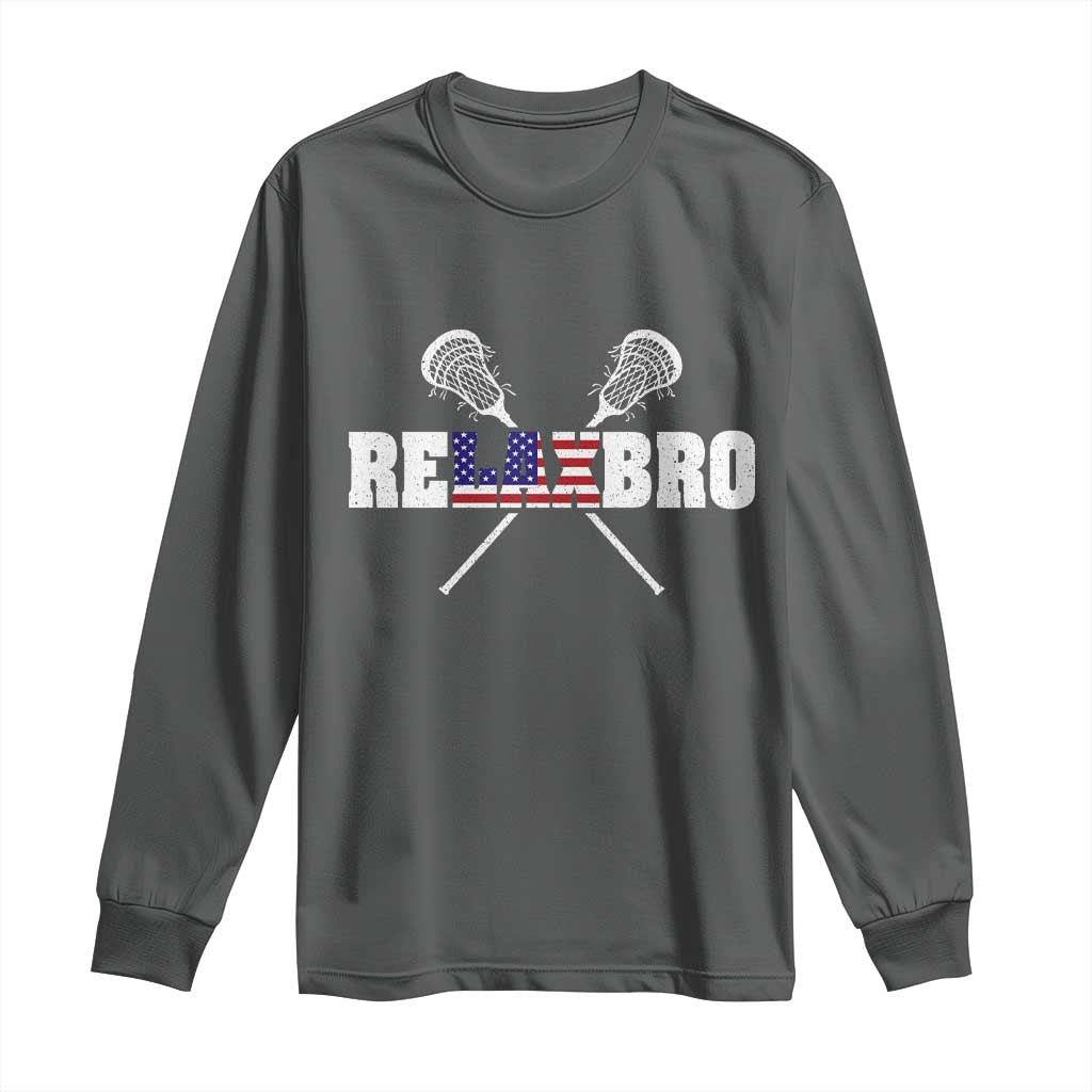 Funny Lacrosse Long Sleeve Shirt American Flag Relax Bro Lax Lover Joke TS10 Dark Heather Print Your Wear