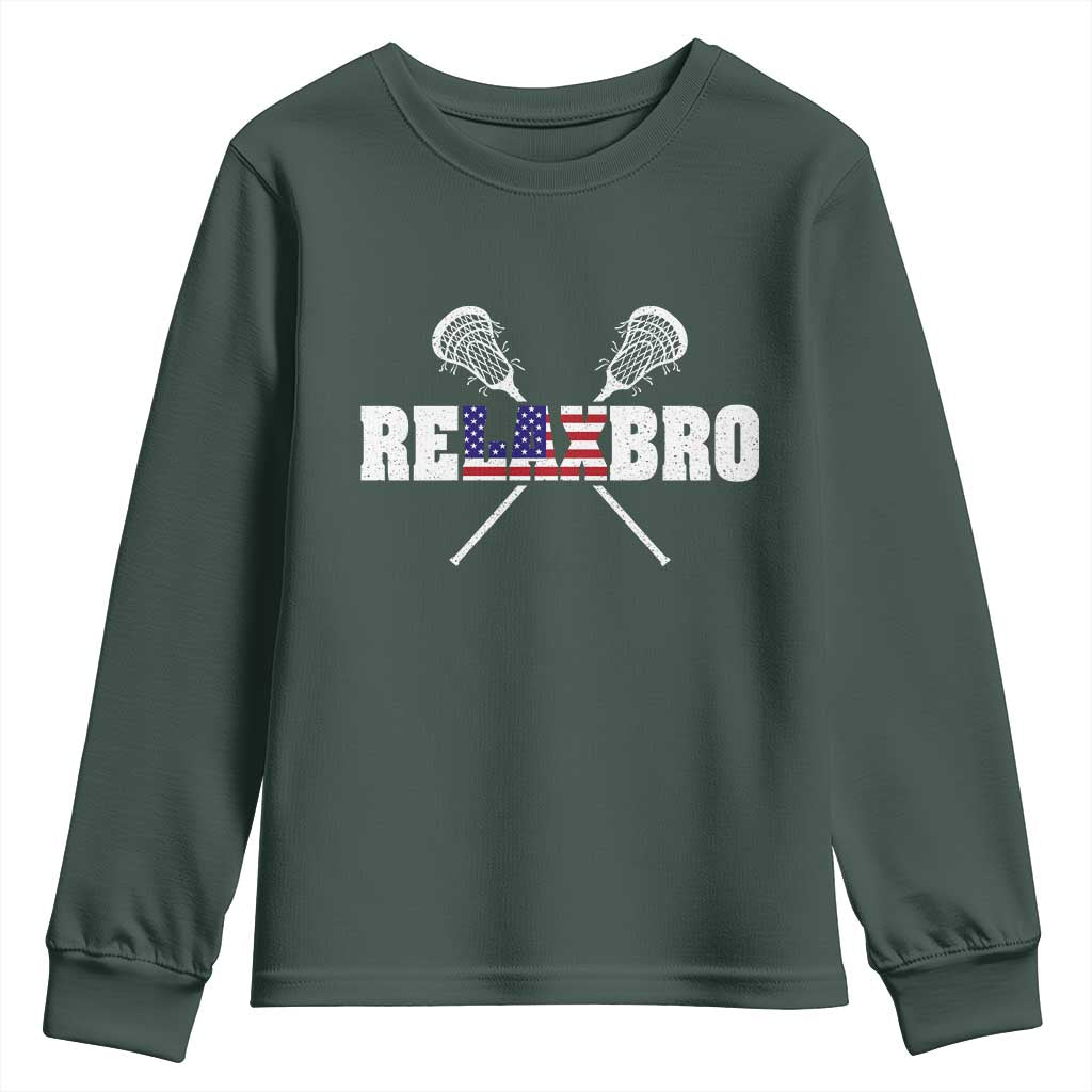 Funny Lacrosse Youth Sweatshirt American Flag Relax Bro Lax Lover Joke TS10 Dark Forest Green Print Your Wear