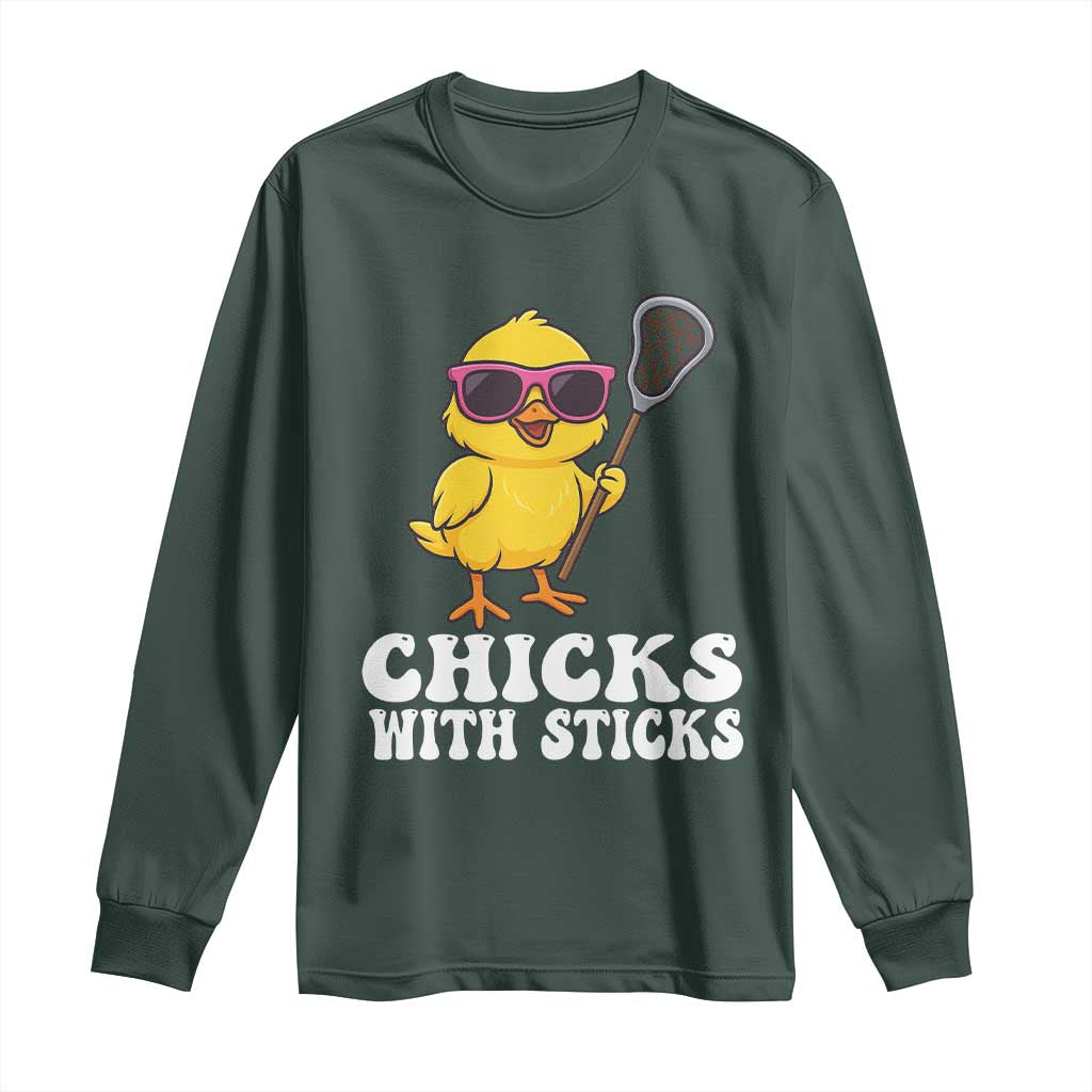 Funny Lax Girl Long Sleeve Shirt Chicks With Sticks Lacrosse Shooter TS11 Dark Forest Green Print Your Wear