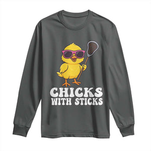 Funny Lax Girl Long Sleeve Shirt Chicks With Sticks Lacrosse Shooter TS11 Dark Heather Print Your Wear