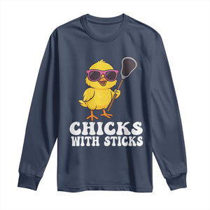 Funny Lax Girl Long Sleeve Shirt Chicks With Sticks Lacrosse Shooter TS11 Navy Print Your Wear