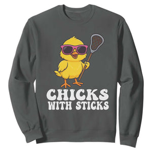 Funny Lax Girl Sweatshirt Chicks With Sticks Lacrosse Shooter TS11 Dark Heather Print Your Wear