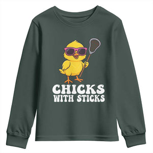 Funny Lax Girl Youth Sweatshirt Chicks With Sticks Lacrosse Shooter TS11 Dark Forest Green Print Your Wear