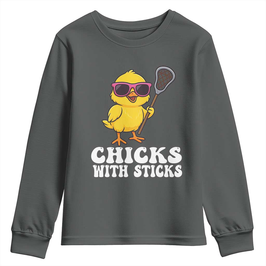 Funny Lax Girl Youth Sweatshirt Chicks With Sticks Lacrosse Shooter TS11 Dark Heather Print Your Wear