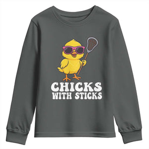 Funny Lax Girl Youth Sweatshirt Chicks With Sticks Lacrosse Shooter TS11 Dark Heather Print Your Wear
