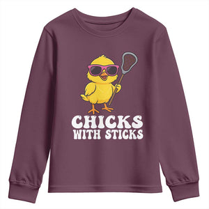 Funny Lax Girl Youth Sweatshirt Chicks With Sticks Lacrosse Shooter TS11 Maroon Print Your Wear