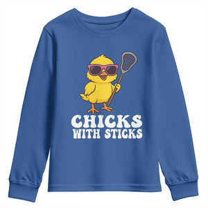 Funny Lax Girl Youth Sweatshirt Chicks With Sticks Lacrosse Shooter TS11 Royal Blue Print Your Wear
