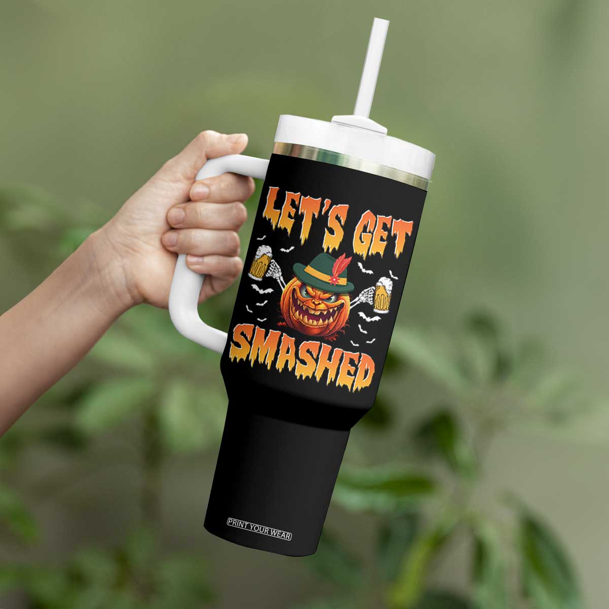 Funny Let's Get Smashed Tumbler With Handle Oktoberfest Pumpkin Beer Tyrolean Hat TS11 Print Your Wear