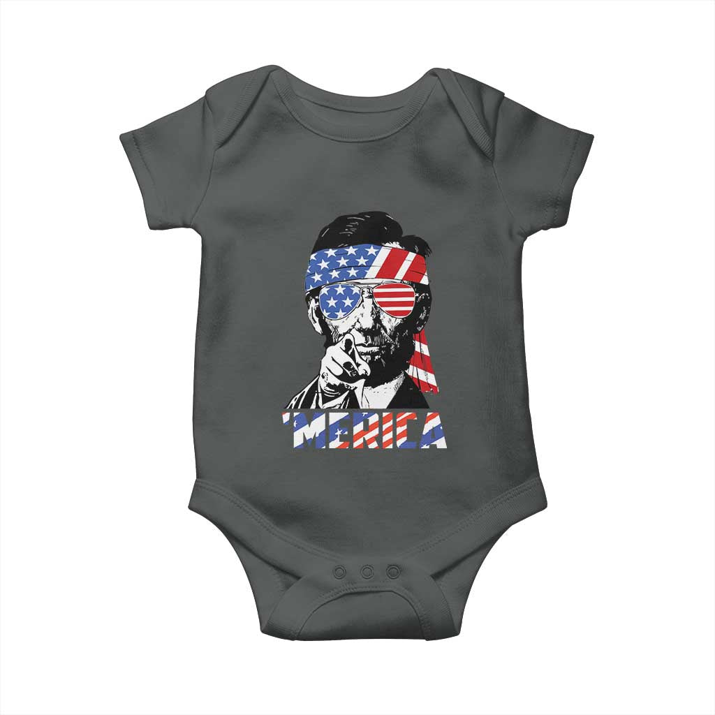 Funny Lincoln 4th Of July Merica Baby Onesie Abe American Flag TS10 Dark Heather Print Your Wear