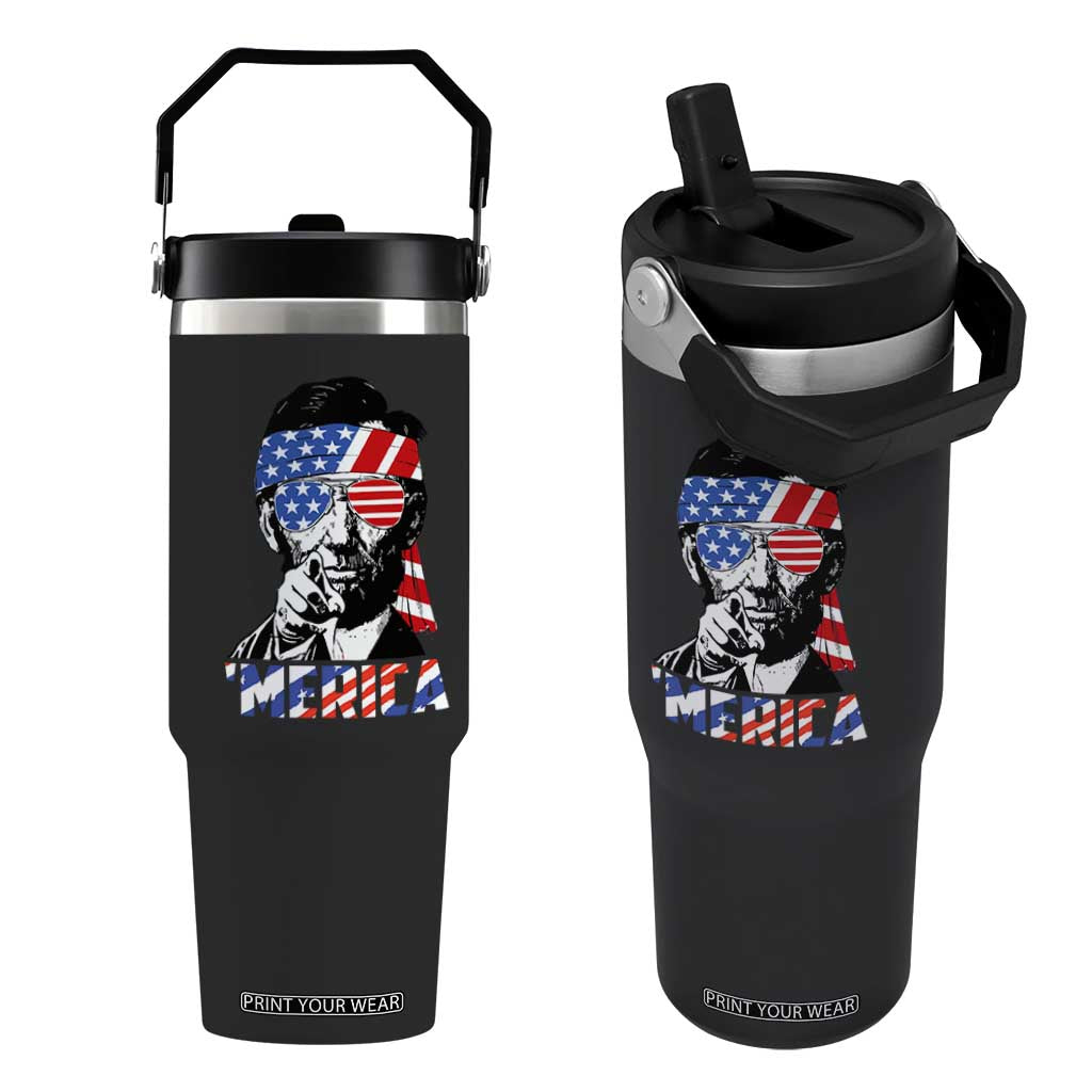 Funny Lincoln 4th Of July Merica Flip Straw Tumbler Abe American Flag TS10 One Size: 30 oz Black Print Your Wear