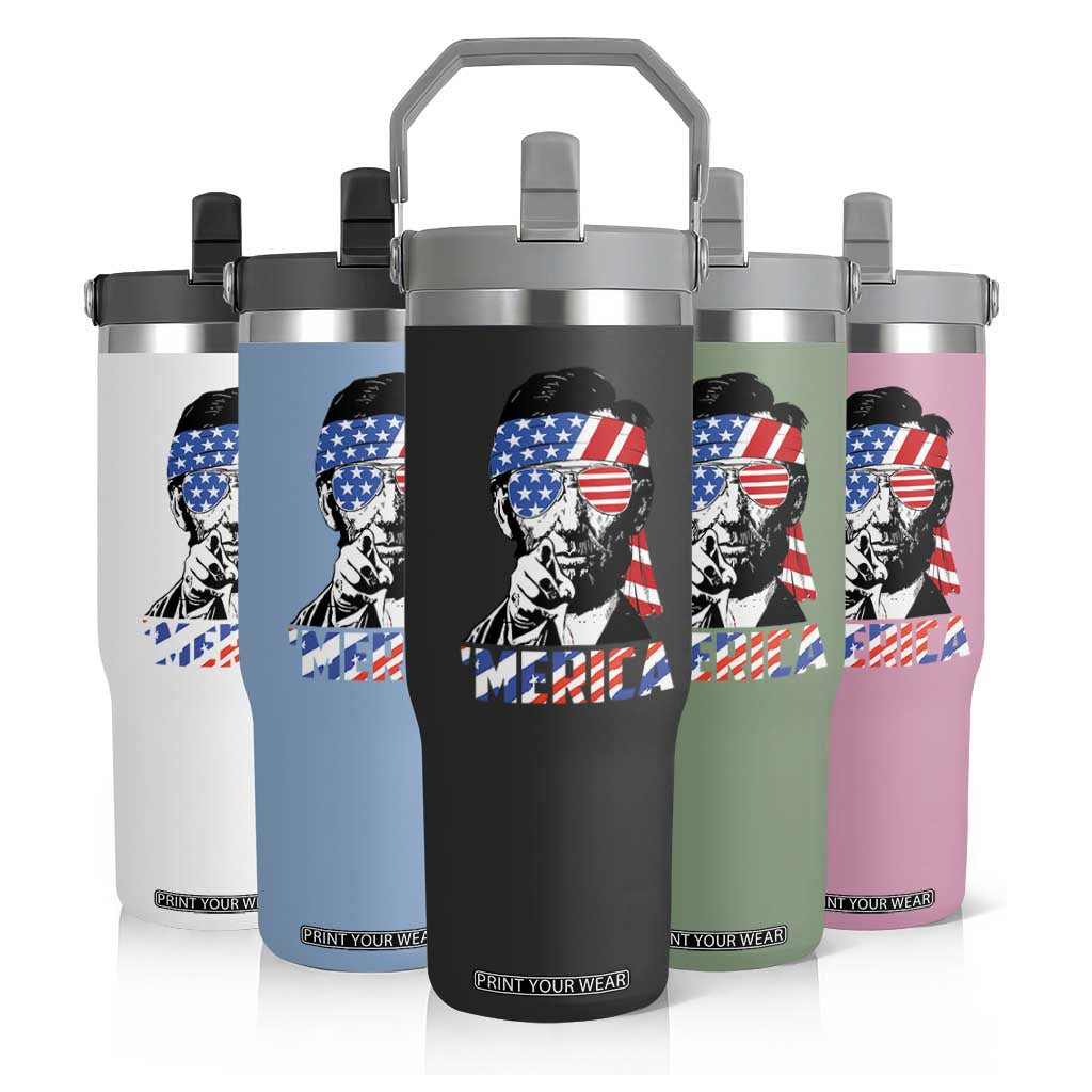 Funny Lincoln 4th Of July Merica Flip Straw Tumbler Abe American Flag TS10 Print Your Wear