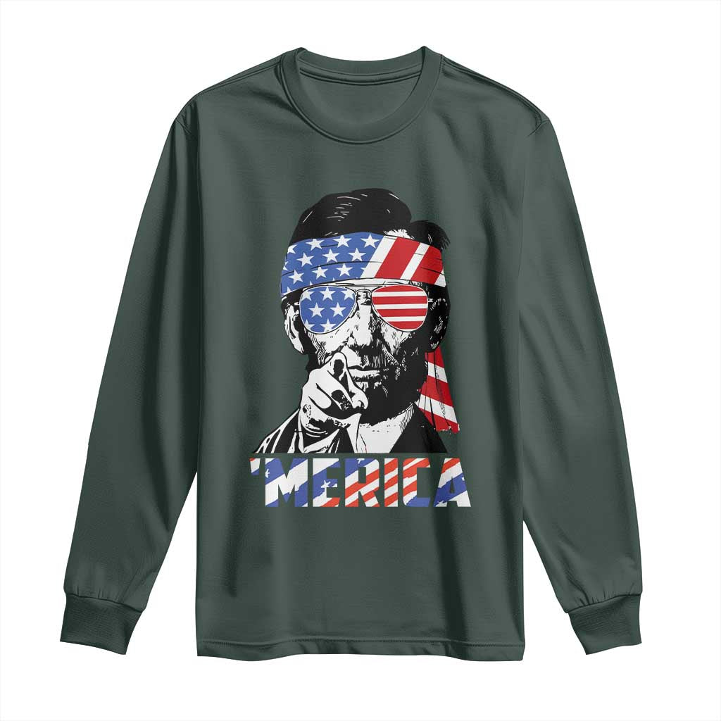 Funny Lincoln 4th Of July Merica Long Sleeve Shirt Abe American Flag TS10 Dark Forest Green Print Your Wear