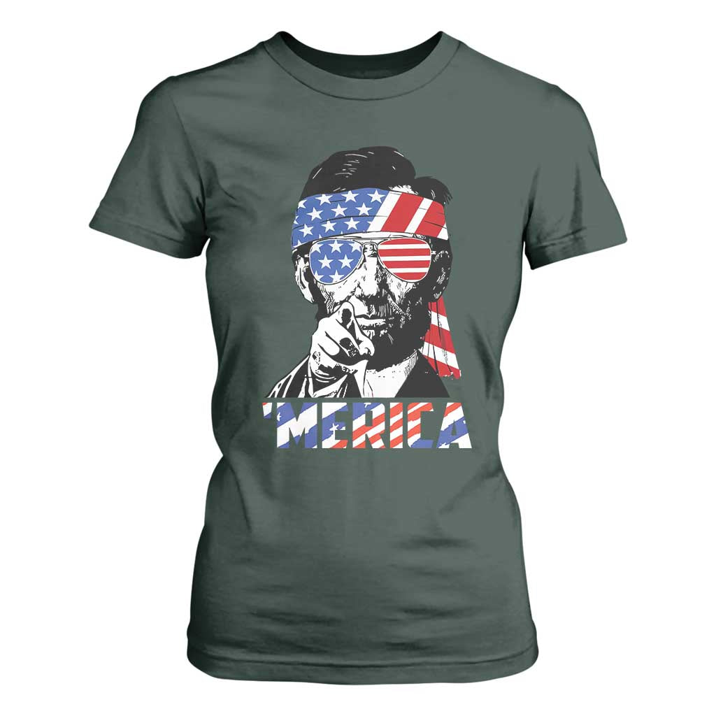 Funny Lincoln 4th Of July Merica T Shirt For Women Abe American Flag TS10 Dark Forest Green Print Your Wear