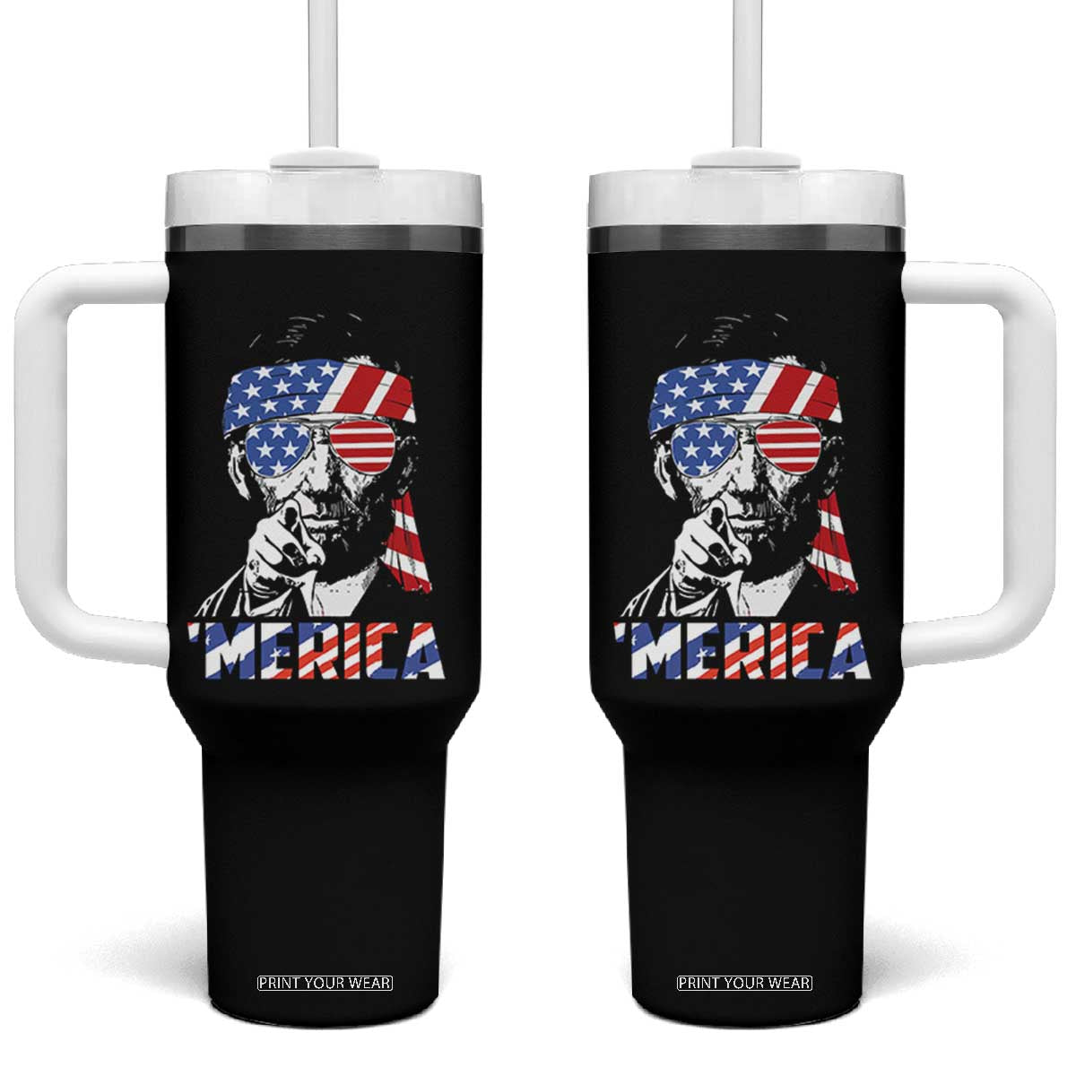 Funny Lincoln 4th Of July Merica Tumbler With Handle Abe American Flag TS10 One Size: 40 oz Black Print Your Wear