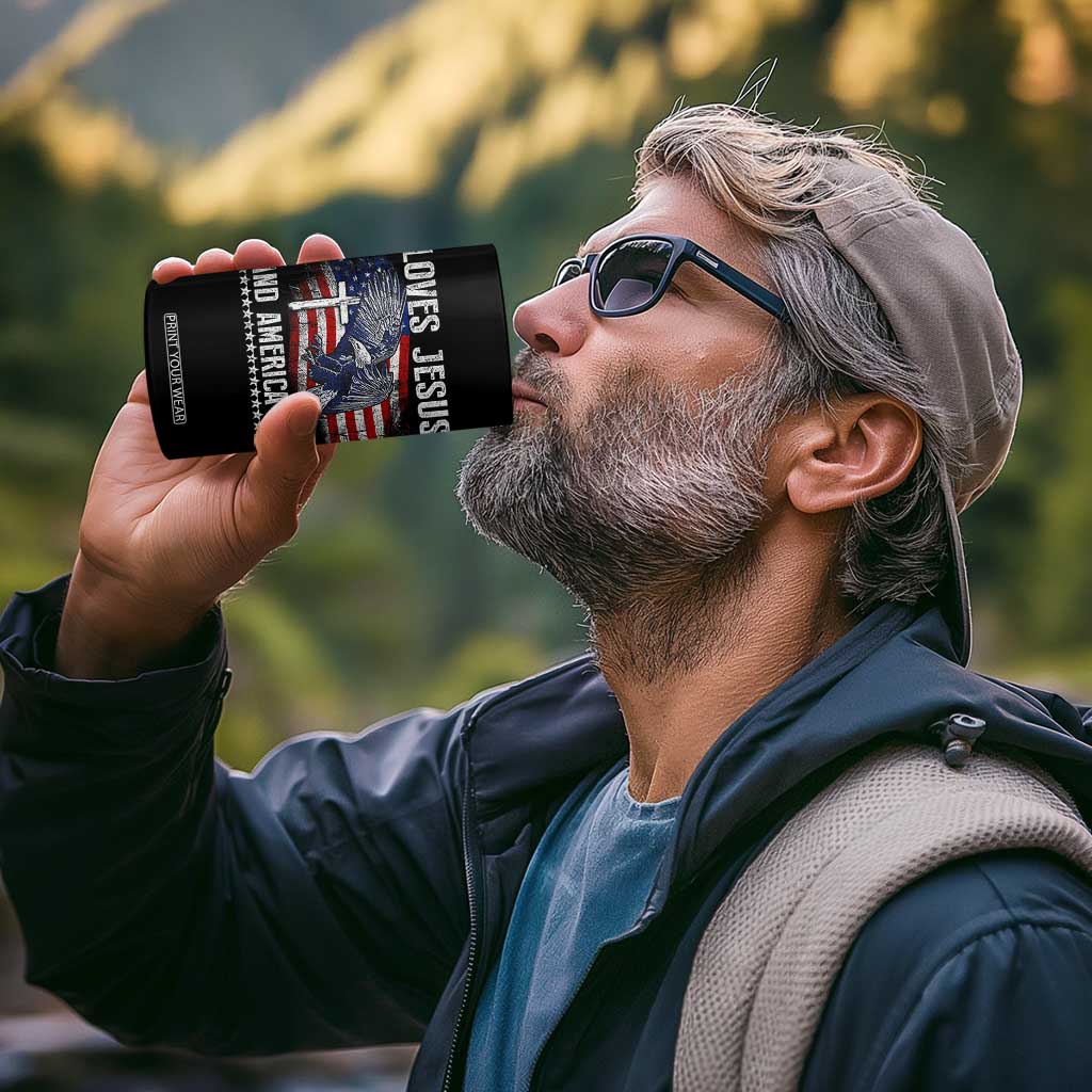 Funny Loves Jesus And America Too 4 in 1 Can Cooler Tumbler 4th Of July Patriotic Christian Eagle American Flag TS11 Print Your Wear