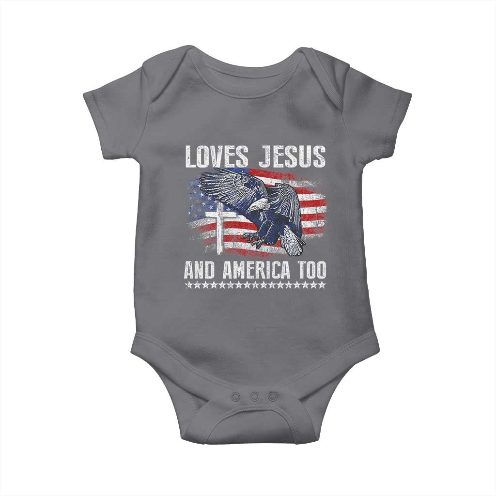 Funny Loves Jesus And America Too Baby Onesie 4th Of July Patriotic Christian Eagle American Flag TS11 Charcoal Print Your Wear