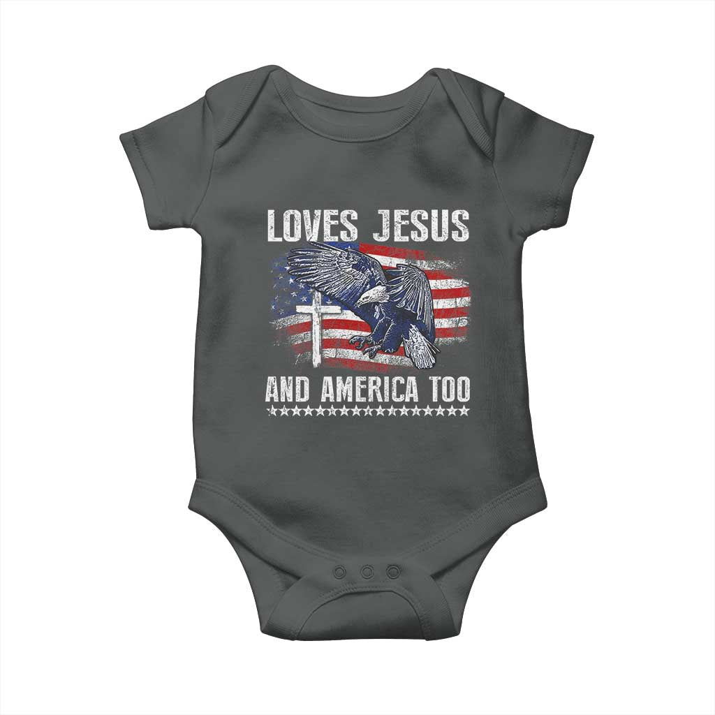 Funny Loves Jesus And America Too Baby Onesie 4th Of July Patriotic Christian Eagle American Flag TS11 Dark Heather Print Your Wear