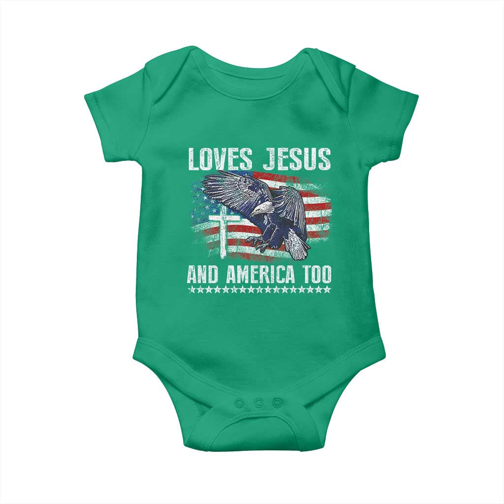 Funny Loves Jesus And America Too Baby Onesie 4th Of July Patriotic Christian Eagle American Flag TS11 Irish Green Print Your Wear