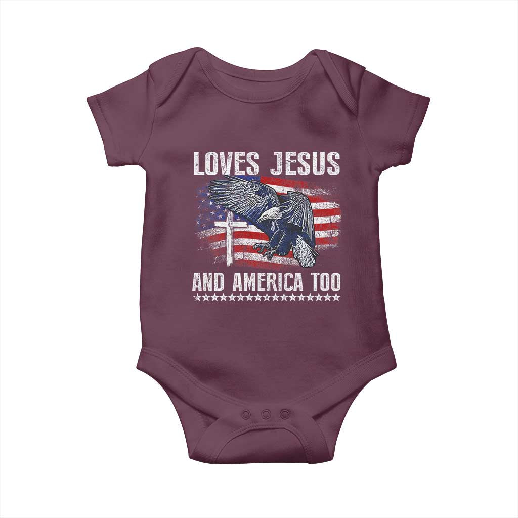 Funny Loves Jesus And America Too Baby Onesie 4th Of July Patriotic Christian Eagle American Flag TS11 Maroon Print Your Wear