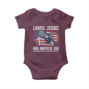 Funny Loves Jesus And America Too Baby Onesie 4th Of July Patriotic Christian Eagle American Flag TS11 Maroon Print Your Wear