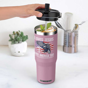 Funny Loves Jesus And America Too Flip Straw Tumbler 4th Of July Patriotic Christian Eagle American Flag TS11 One Size: 30 oz Light Pink Print Your Wear