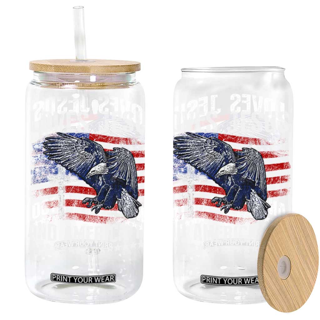 Funny Loves Jesus And America Too Glass Can 4th Of July Patriotic Christian Eagle American Flag TS11 Black Print Your Wear