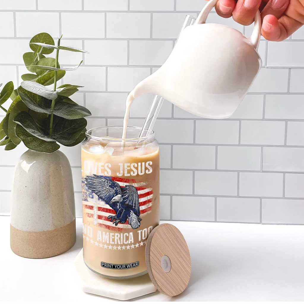 Funny Loves Jesus And America Too Glass Can 4th Of July Patriotic Christian Eagle American Flag TS11 Print Your Wear