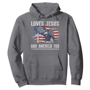 Funny Loves Jesus And America Too Hoodie 4th Of July Patriotic Christian Eagle American Flag TS11 Charcoal Print Your Wear