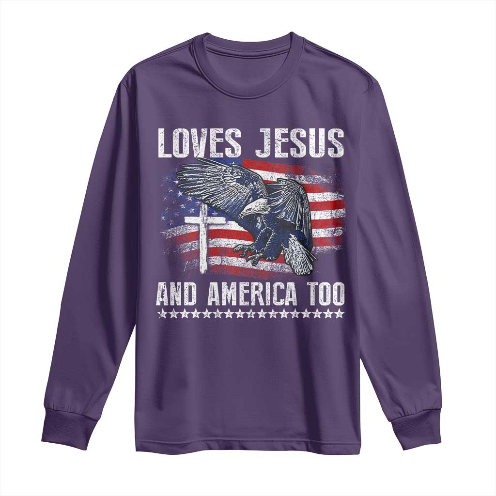 Funny Loves Jesus And America Too Long Sleeve Shirt 4th Of July Patriotic Christian Eagle American Flag TS11 Purple Print Your Wear
