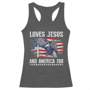 Funny Loves Jesus And America Too Racerback Tank Top 4th Of July Patriotic Christian Eagle American Flag TS11 Dark Heather Print Your Wear