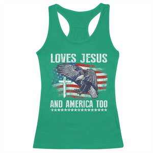 Funny Loves Jesus And America Too Racerback Tank Top 4th Of July Patriotic Christian Eagle American Flag TS11 Irish Green Print Your Wear