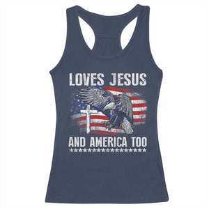 Funny Loves Jesus And America Too Racerback Tank Top 4th Of July Patriotic Christian Eagle American Flag TS11 Navy Print Your Wear
