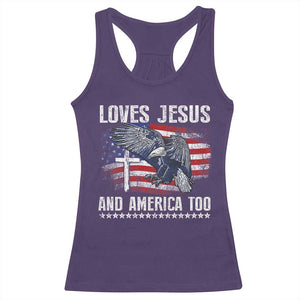 Funny Loves Jesus And America Too Racerback Tank Top 4th Of July Patriotic Christian Eagle American Flag TS11 Purple Print Your Wear