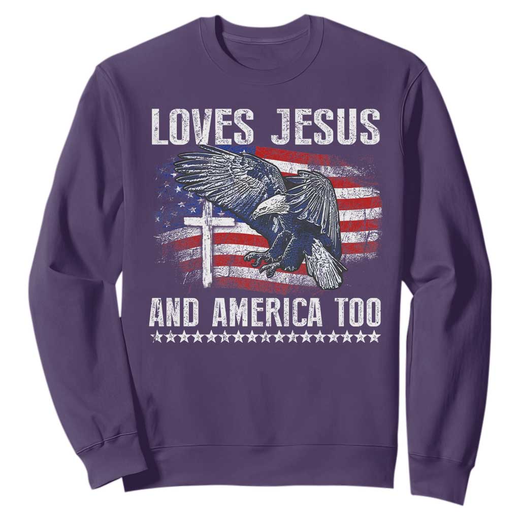 Funny Loves Jesus And America Too Sweatshirt 4th Of July Patriotic Christian Eagle American Flag TS11 Purple Print Your Wear