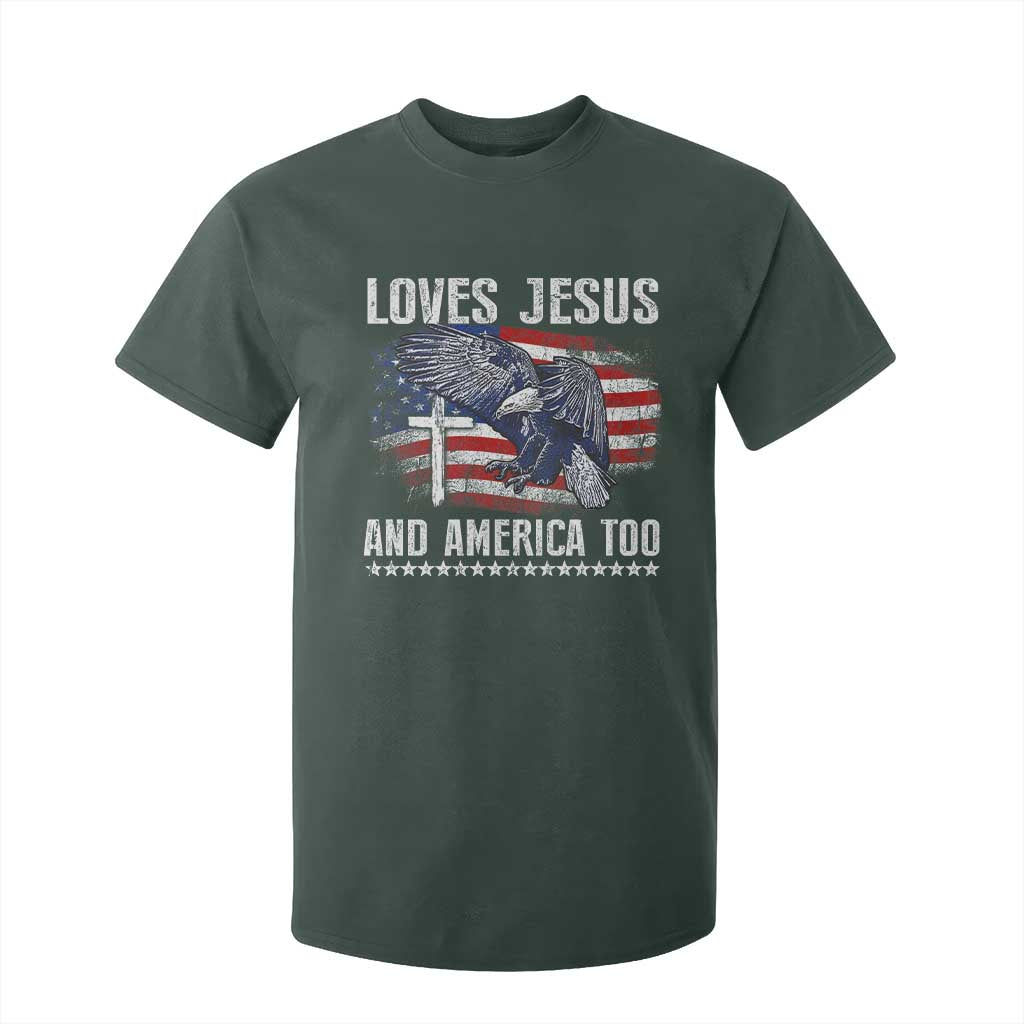 Funny Loves Jesus And America Too T Shirt For Kid 4th Of July Patriotic Christian Eagle American Flag TS11 Dark Forest Green Print Your Wear