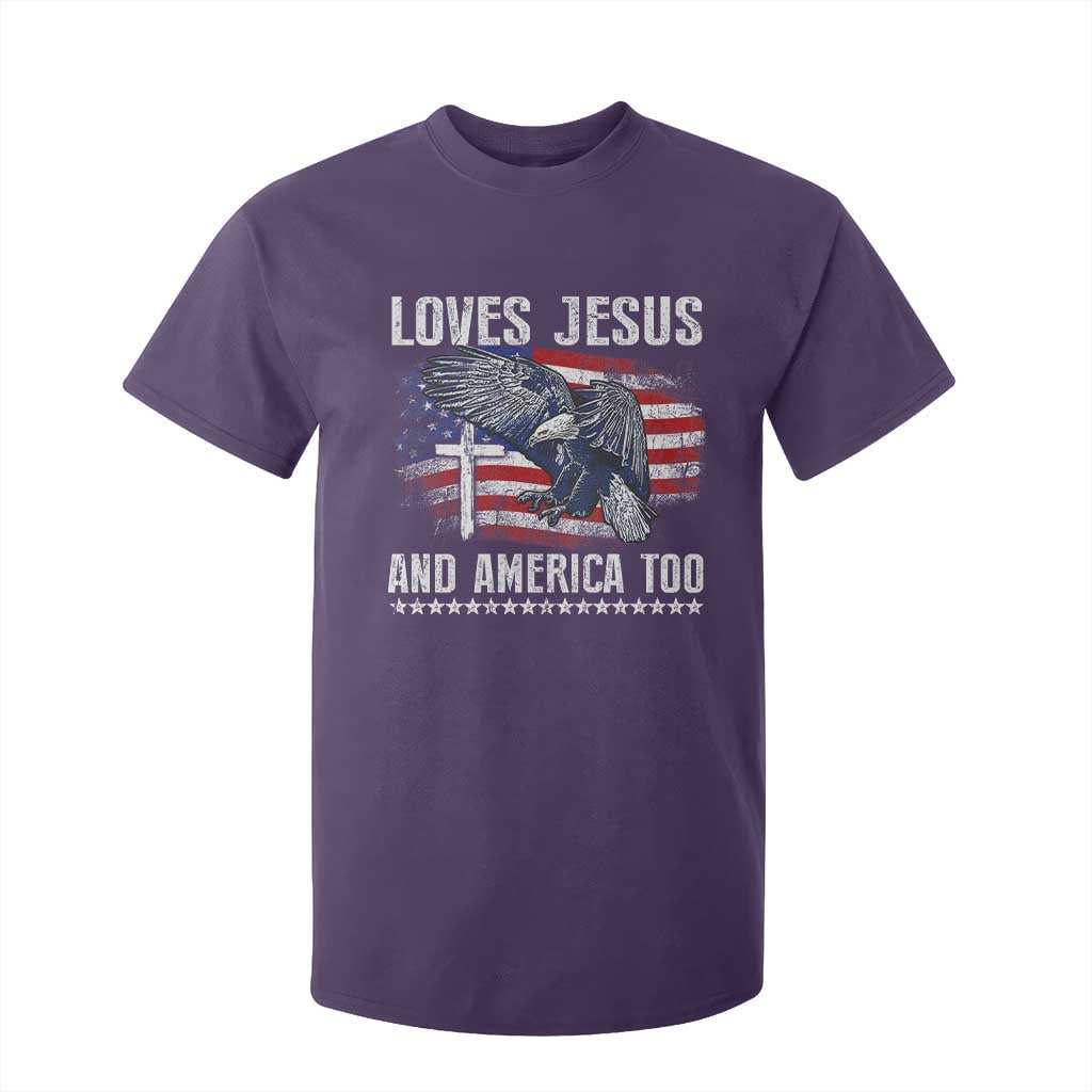 Funny Loves Jesus And America Too T Shirt For Kid 4th Of July Patriotic Christian Eagle American Flag TS11 Purple Print Your Wear