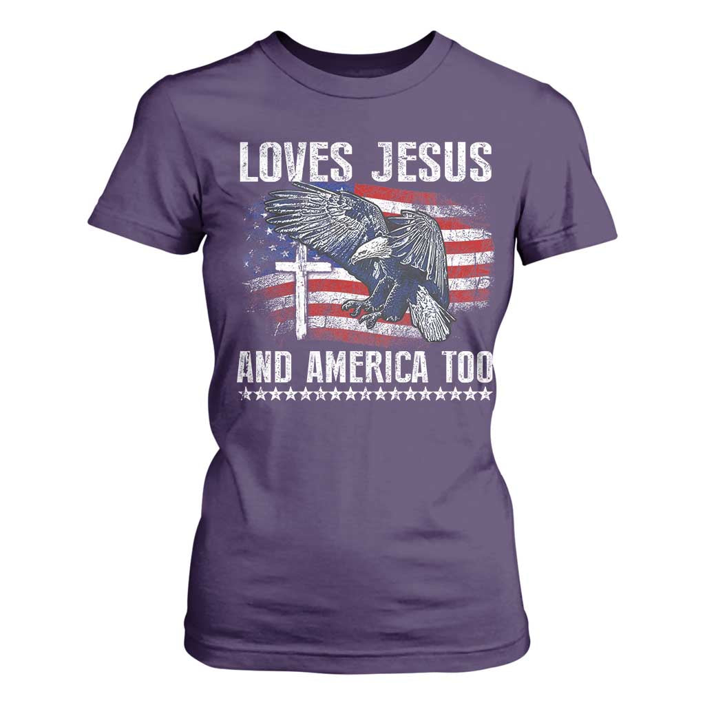 Funny Loves Jesus And America Too T Shirt For Women 4th Of July Patriotic Christian Eagle American Flag TS11 Purple Print Your Wear